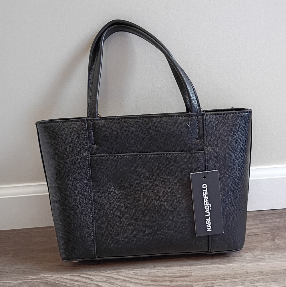 NWT Karl Lagerfeld Paris Black Vegan Leather Maybelle Charm Tote Crossbody Bag - Picture 3 of 10